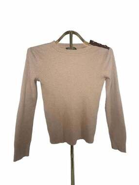 Lauren Ralph Lauren Petite Ribbed Cotton Sweater Beige Suede Button Shoulder Elb